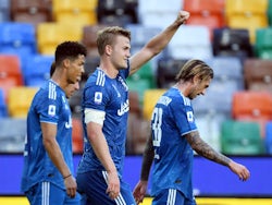 Juventus defender Matthijs de Ligt celebrates scoring against Udinese in Serie A on July 23, 2020