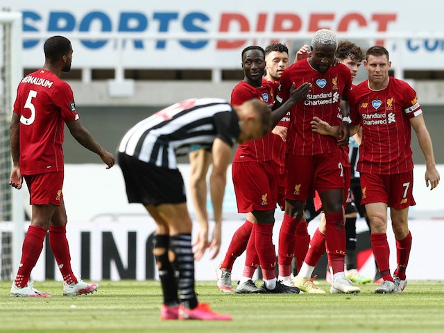 Liverpool's Divock Origi celebrates scoring against Newcastle United in the Premier League on July 26, 2020