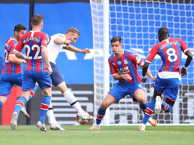Tottenham Hotspur's Harry Kane scores against Crystal Palace in the Premier League on July 26, 2020