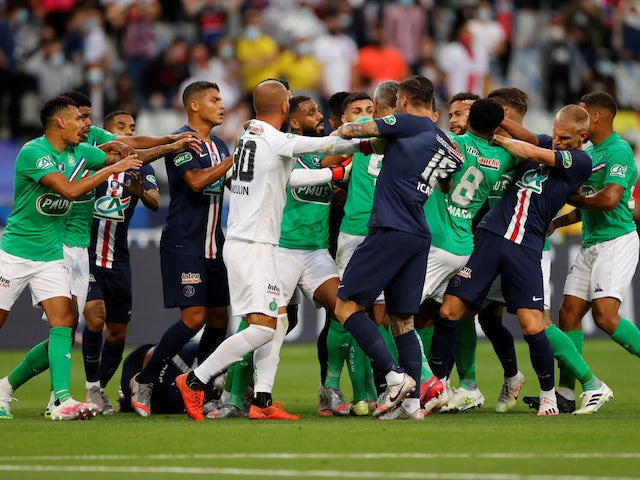 Paris Saint-Germain and Saint-Etienne players fight in the Coupe de France final on July 24, 2020
