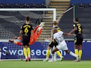 Swansea City's Andre Ayew scores against Brentford in the first leg of their Championship playoff semi-final on July 26, 2020