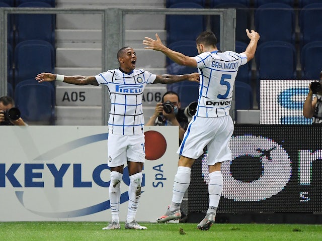 Inter Milan's Ashley Young celebrates scoring against Atalanta BC in Serie A on August 1, 2020