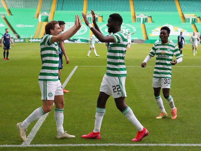 Celtic's Odsonne Edouard celebrates scoring against Hamilton in the Scottish Premiership on August 2, 2020