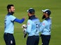 England's Saqib Mahmood, Adil Rashid and Jonny Bairstow in action against Ireland on August 1, 2020