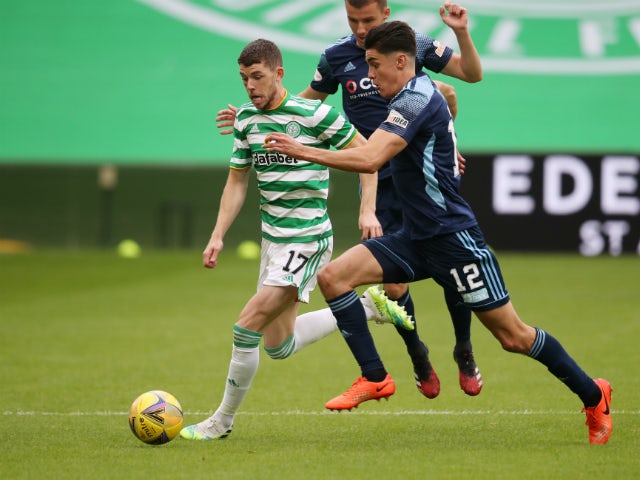 Celtic's Ryan Christie in Scottish Premiership action with Hamilton Academical's Shaun Want on August 3, 2020
