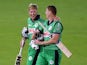 Ireland's Kevin O'Brien and Harry Tector celebrate winning against England on August 4, 2020