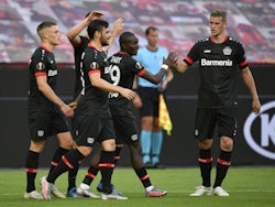 Bayer Leverkusen's Moussa Diaby celebrates scoring against Rangers in the Europa League on August 6, 2020