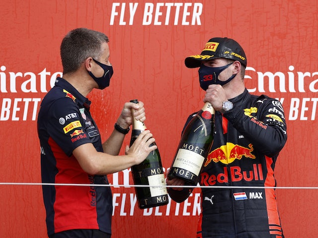 Red Bull's Max Verstappen celebrates winning the 70th Anniversary Grand Prix