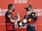 Red Bull's Max Verstappen celebrates winning the 70th Anniversary Grand Prix