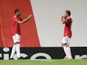 Manchester United's Anthony Martial celebrates scoring against LASK Linz in the Europa League on August 5, 2020