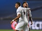 Paris Saint-Germain's Neymar and Kylian Mbappe celebrate overcoming Atalanta BC in the Champions League on August 12, 2020