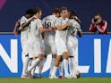 Bayern Munich players celebrate Thomas Muller's goal against Barcelona on August 14, 2020