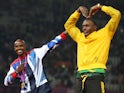 Great Britain's Mo Farah and Jamaica's Usain Bolt celebrate winning gold at the 2012 Olympics