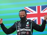 Lewis Hamilton celebrates after winning the Spanish Grand Prix on August 16, 2020
