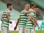 Celtic's Greg Taylor celebrates scoring against KR Reykjavik with Scott Brown and Ryan Christie in the Champions League on August 18, 2020