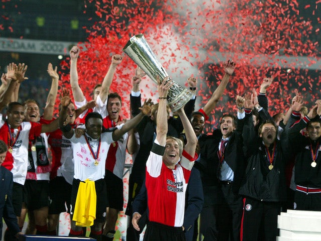 Feyenoord players celebrate winning the 2002 UEFA Cup final