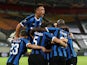 Inter Milan players celebrate scoring against Shakhtar Donetsk on August 17, 2020