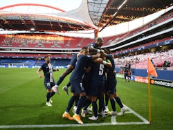 Paris Saint-Germain celebrate scoring against RB Leipzig in the Champions League on August 18, 2020