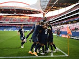 Paris Saint-Germain celebrate scoring against RB Leipzig in the Champions League on August 18, 2020