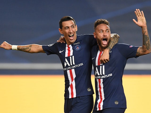 Paris Saint-German duo Neymar and Angel di Maria celebrate scoring against RB Leipzig in the Champions League in August 2020