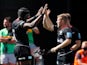 Saracens players celebrate after a Maro Itoje try on August 22, 2020