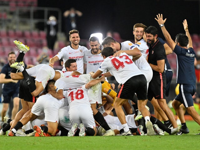 Sevilla celebrate winning the 2019-20 Europa League on August 21, 2020
