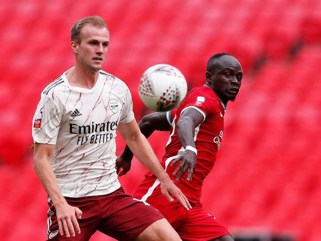 Arsenal's Rob Holding in action with Liverpool's Sadio Mane in the Community Shield on August 29, 2020