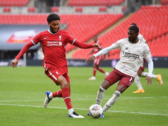 Liverpool's Joe Gomez in action with Arsenal's Ainsley Maitland-Niles during the Community Shield on August 29, 2020