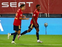 Ansu Fati celebrates scoring for Spain on September 6, 2020