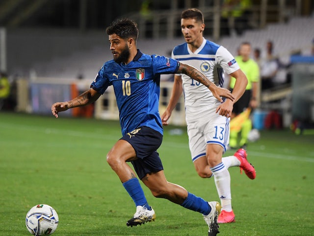 Italy's Lorenzo Insigne in action with Bosnia-Herzegovina's Gojko Cimirot in the UEFA Nations League on September 4, 2020