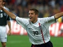 England striker Michael Owen celebrates after scoring against Germany on September 1, 2001
