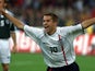 England striker Michael Owen celebrates after scoring against Germany on September 1, 2001