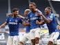 Everton's Dominic Calvert-Lewin celebrates with teammates after scoring against Tottenham Hotspur on September 13, 2020