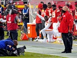 Alex Okafor kneels in protest during the national anthem ahead of Kansas City Chiefs vs. Houston Texans on September 11, 2020
