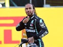 Lewis Hamilton celebrates winning the Tuscan Grand Prix on September 13, 2020