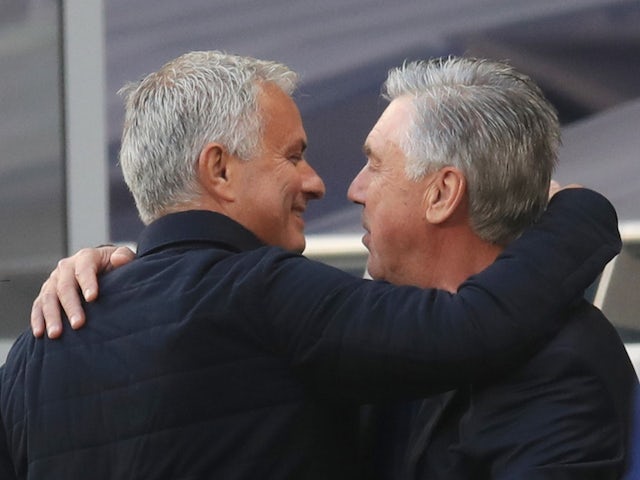 Jose Mourinho and Carlo Ancelotti greet each other before the Tottenham vs. Everton game in July 2020