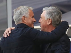 Jose Mourinho and Carlo Ancelotti greet each other before the Tottenham vs. Everton game in July 2020