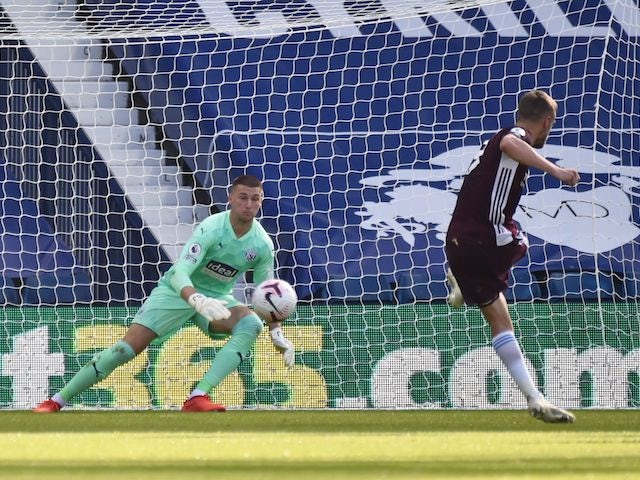 Jamie Vardy scores a penalty for Leicester City against West Bromwich Albion on September 13, 2020