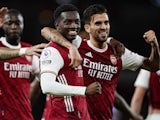 Arsenal forward Eddie Nketiah celebrates scoring against West Ham United on September 19, 2020