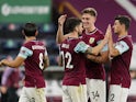 Burnley's Robbie Brady and teammates celebrate beating Sheffield United in the EFL Cup on September 17, 2020