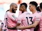 Sheffield United's David McGoldrick celebrates scoring with Max Lowe against Burnley in the EFL Cup on September 17, 2020