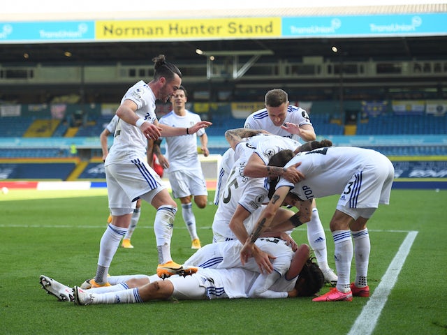 Leeds United players celebrate scoring against Fulham on September 19, 2020
