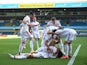 Leeds United players celebrate scoring against Fulham on September 19, 2020
