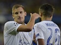 Marc Albrighton celebrates with Riyad Mahrez after scoring in Leicester City's Champions League win at Club Brugge in September 2016