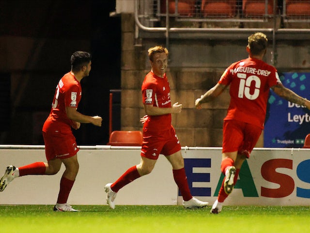 Leyton Orient's Danny Johnson celebrates scoring against Plymouth Argyle in the EFL Cup on September 15, 2020