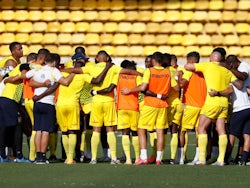Nantes players in a team huddle before the clash with Monaco on September 13, 2020