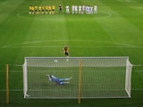 Watford goalkeeper Daniel Bachmann saves a penalty in the EFL Cup against Oxford on September 15, 2020