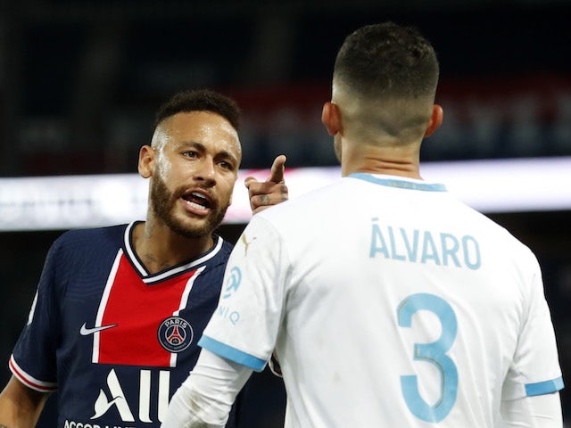 Paris Saint-Germain forward Neymar clashes with Marseille's Alvaro Gonzalez on September 13, 2020