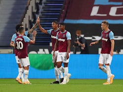 West Ham United striker Sebastien Haller pictured with teammates after scoring against Charlton Athletic on September 15, 2020