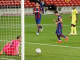 Lionel Messi celebrates scoring for Barcelona against Villarreal on September 27, 2020